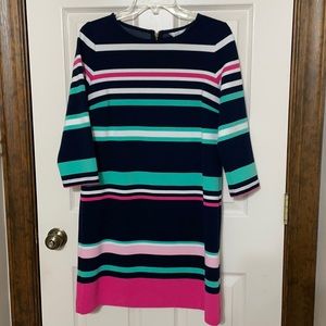Crown & Ivy Navy Blue, Green, Pink, White striped Dress with Gold Zipper Sz. S